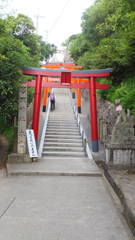高取神社本殿前まで続く石段の参道階段と鳥居。