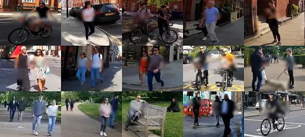 マスクを着用せず英国ロンドンの街や公園を散歩する人々のサムネイル画像